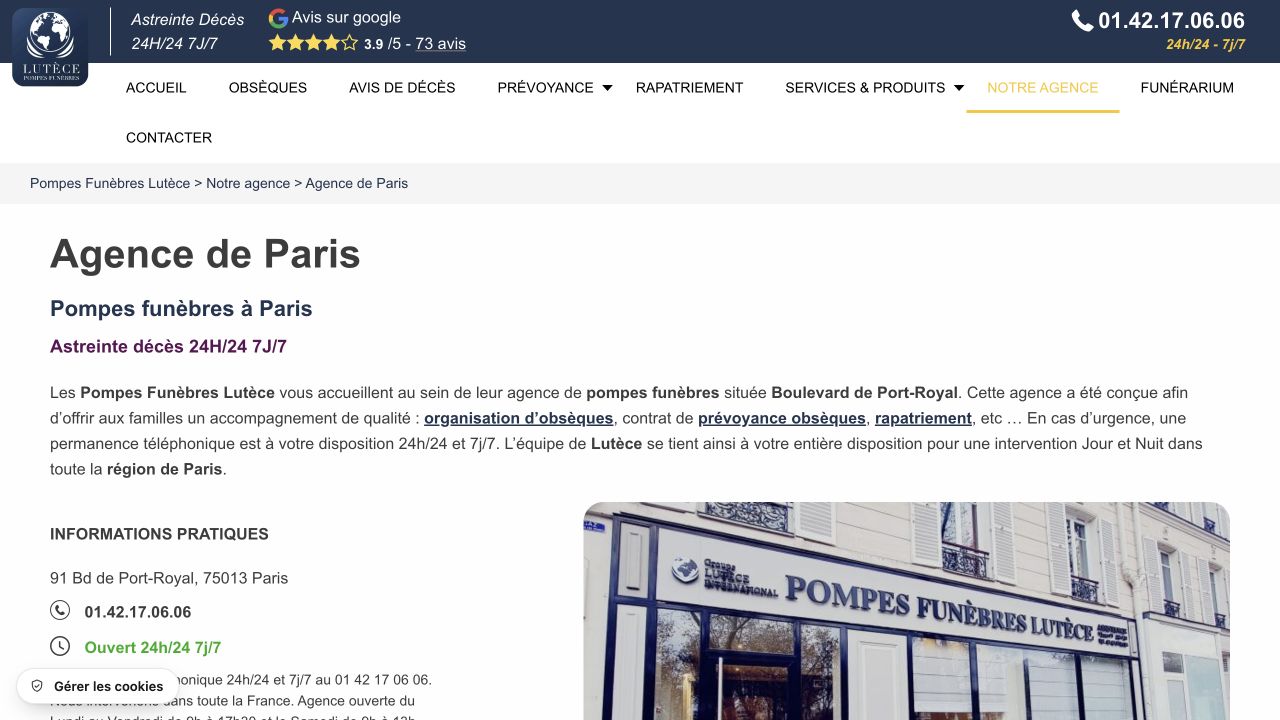 Capture du site de Pompes Funèbres Lutèce