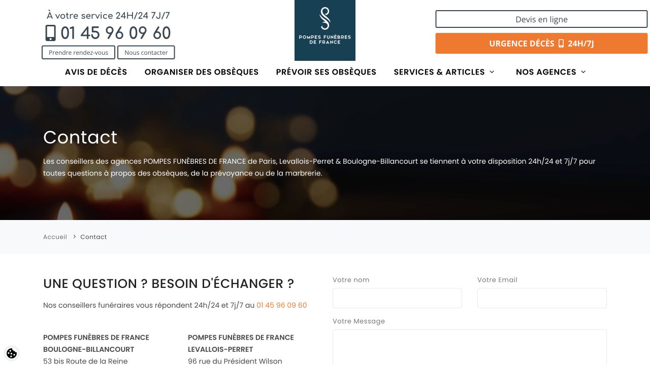 Capture du site de Pompes Funèbres de France — Paris 19 (OGF Services Funéraires)
