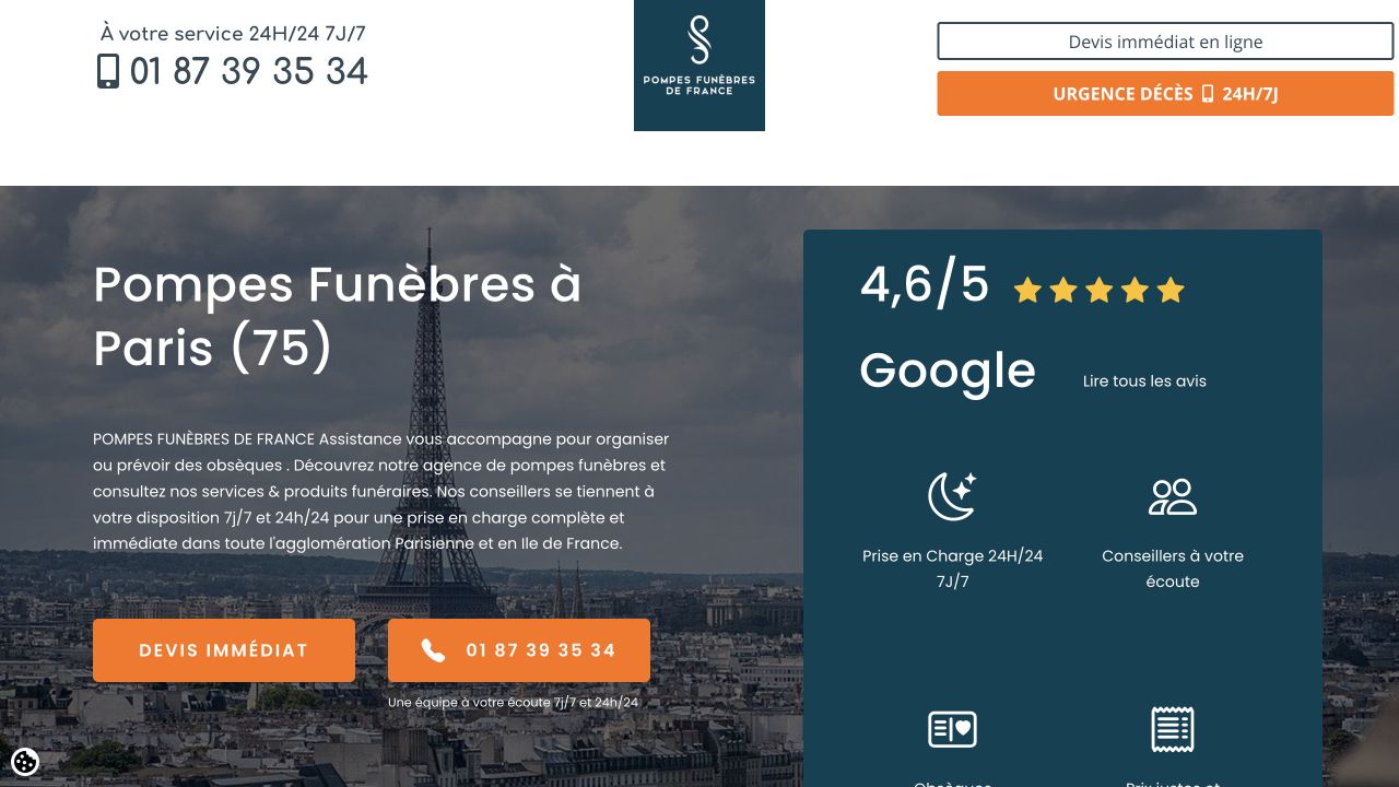 Capture du site de Pompes Funèbres de France — Paris 15 (AABDJ Funéraire)